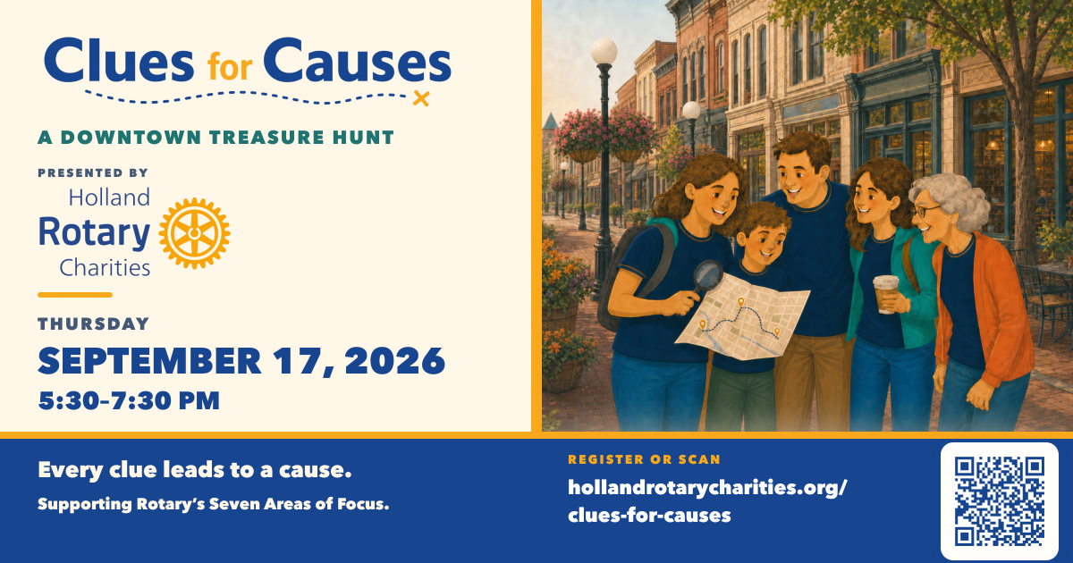 Clues for Causes share graphic with the event date, time, and registration address